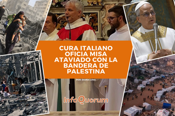 Cura italiano oficia misa ataviado con la bandera de Palestina